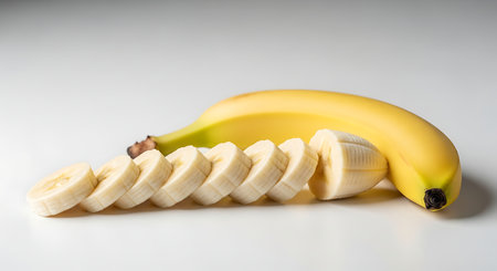 Banana and slices of banana on white background. Healthy eating concept.の素材