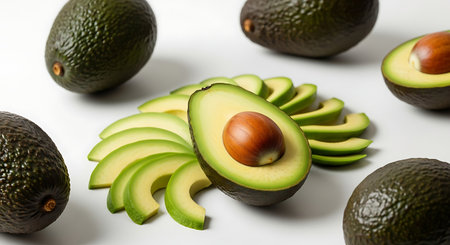 Avocado and avocado slices on white background. Healthy food concept.の素材