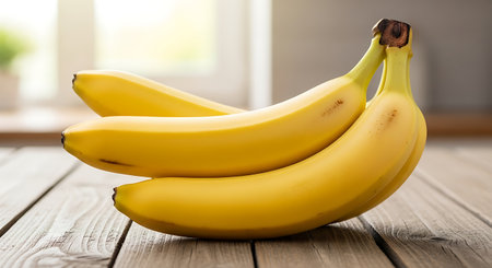 Bunch of bananas on wooden table, closeup. Healthy food conceptの素材