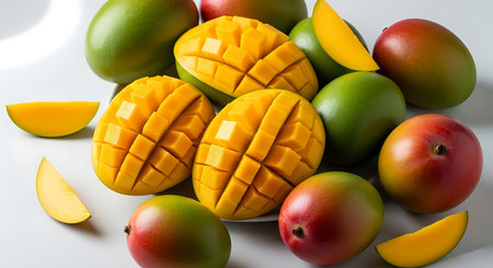 Mango fruit isolated on white background. Top view, flat layの素材