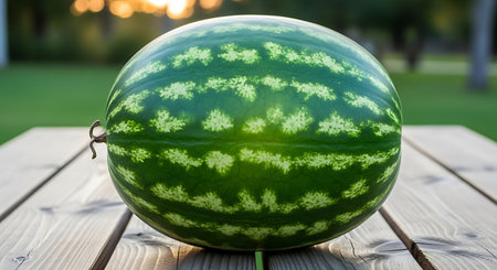 Ripe watermelon on the table in the park. Selective focus.の素材