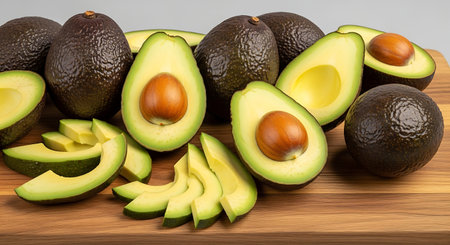 Avocado on wooden cutting board. Whole and half avocados.の素材