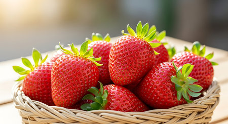 Strawberries in a wicker basket on a wooden table.の素材