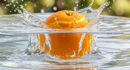 Orange falling into water with splash and drops of water on the surfaceの素材