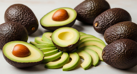 Avocado on a white wooden table. Healthy food. Vegetarian.の素材