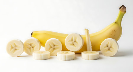 Banana and slices on a white background. Selective focus.の素材