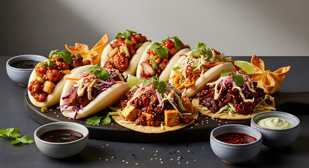 Mexican tacos with meat, vegetables and sauce on a black backgroundの素材