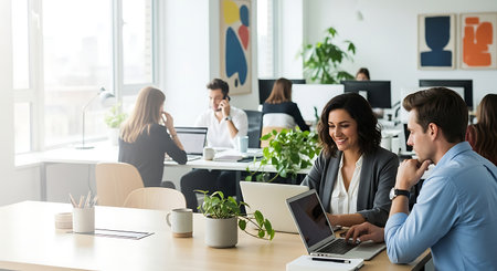 Smiling businesswoman working on laptop in office with colleagues in the backgroundの素材