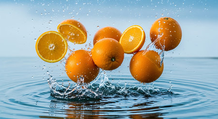 Fresh oranges with water splash on blue water background. Citrus in water.の素材