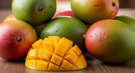 Mango fruit on wooden table, closeup. Healthy eating conceptの素材