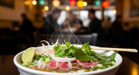 Bowl of noodle soup with chopsticks on table in restaurantの素材