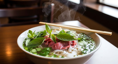 Rice noodle soup with beef in white bowl on wooden tableの素材
