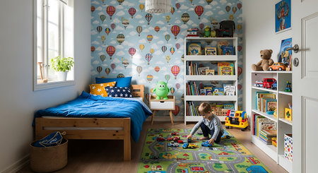 3d rendering of a little boy playing with toys in his roomの素材