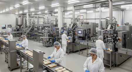Conveyor belt with buns and workers working in a bakeryの素材