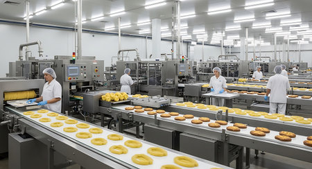 Confectionery factory workers working on the production line in a bakeryの素材