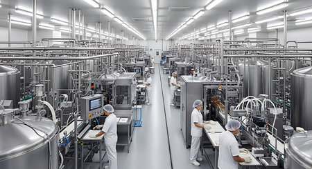 3d rendering of a modern brewery factory interior with workers and machineryの素材