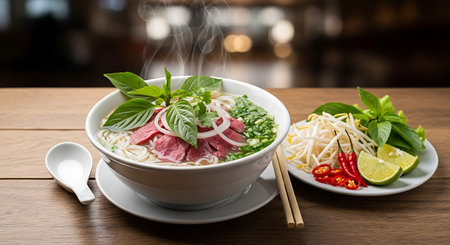 Rice noodle soup in bowl with chopsticks on wooden tableの素材