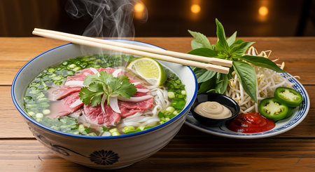 Bowl of udon noodle soup with chopsticks on wooden tableの素材