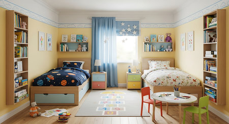 Interior of children's room with bed and toys. 3d renderの素材