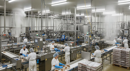 Conveyor belt in a factory for the production of bread.の素材