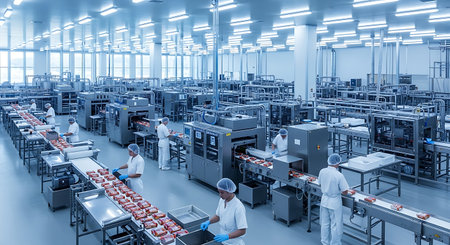 Production line of the meat factory. Meat processing plant. Industrial backgroundの素材