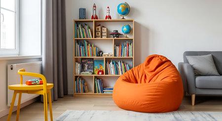 Interior of a living room with orange armchair and bookshelvesの素材
