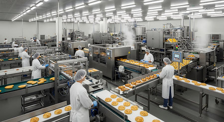 Conveyor belt with freshly baked doughnuts in a food factoryの素材