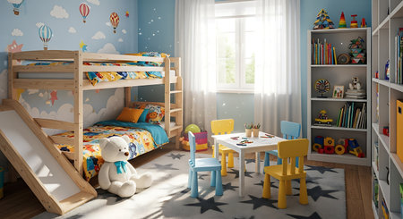 Children's room with a wooden bunk bed, children's room. 3d renderingの素材