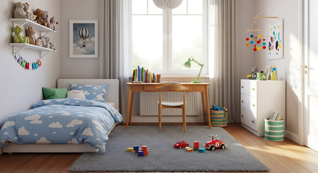 3d render of children's room interior with wooden desk and toysの素材