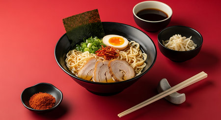 Japanese ramen noodle soup with pork and egg on red backgroundの素材