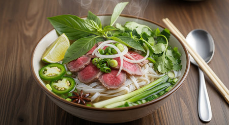 Bowl of asian noodle soup with beef on wooden tableの素材