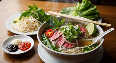 Rice vermicelli soup with beef and vegetables in bowlの素材