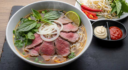 Beef noodle soup in bowl with ingredients on wooden background.の素材