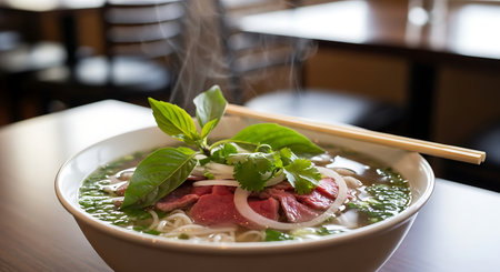 Noodle soup with beef and basil in a bowl on the tableの素材