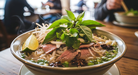 Vietnamese beef noodle soup with herbs and lemon on wooden tableの素材