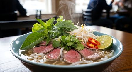 Asian noodle soup with beef and vegetables in bowl on wooden tableの素材