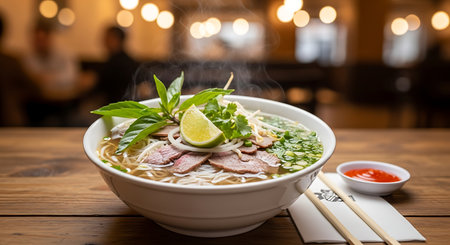 Vietnamese noodle soup with beef and vegetables on wooden tableの素材