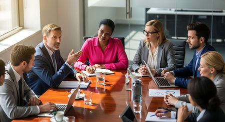 Group of multiethnic business people sitting at table and working together in officeの素材