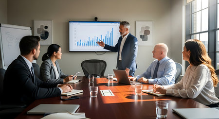 Business people working together in conference room. Businessman pointing at computer screen while sitting at table with colleaguesの素材