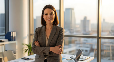 portrait of smiling businesswoman standing with crossed arms in modern officeの素材