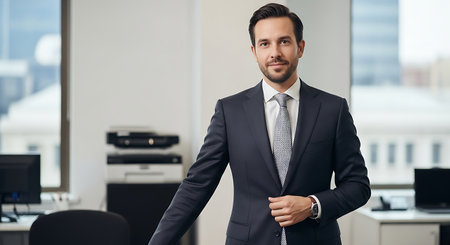 Handsome businessman in suit looking at camera while standing in officeの素材