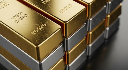 Stack of gold bars on a black background. 3d rendering.の素材