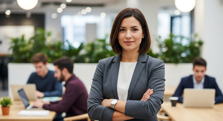Portrait of confident businesswoman standing with arms crossed in modern officeの素材