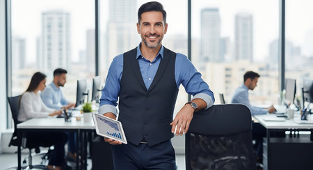 Portrait of confident businessman holding digital tablet while standing in modern officeの素材