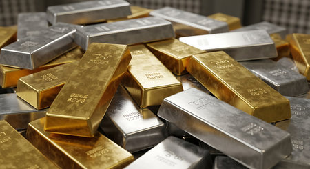 Pile of gold ingots, closeup view, 3D renderingの素材