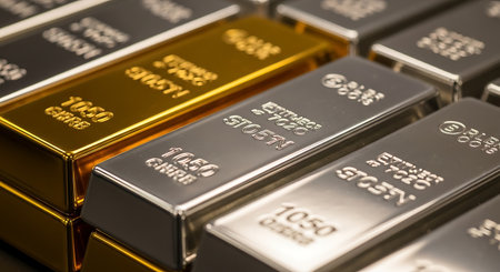 Close up of gold bullion bars. Shallow depth of field.の素材