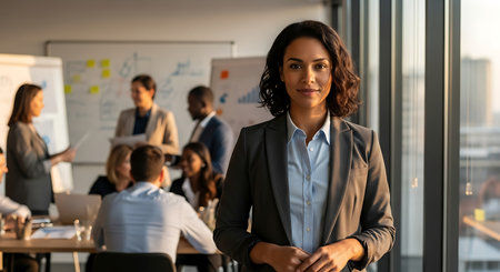 Portrait of confident businesswoman standing in office with colleagues in backgroundの素材