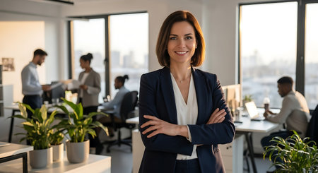 Portrait of smiling businesswoman standing with arms crossed in modern officeの素材