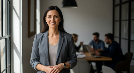 Portrait of smiling young businesswoman standing with arms crossed in officeの素材