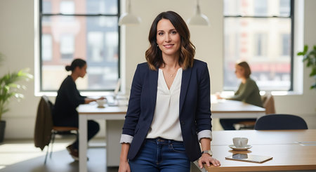 Portrait of confident businesswoman standing in office with colleagues in backgroundの素材